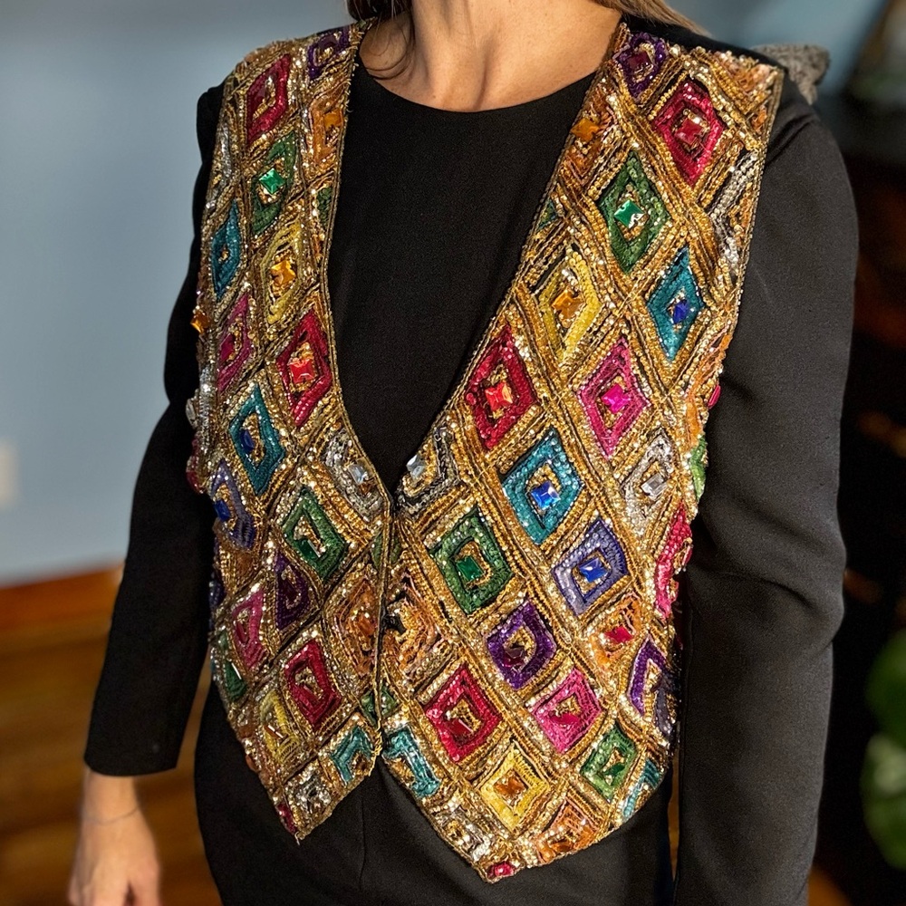 Vintage Multicolor Sequin Diamond Pattern Vest with Gold Trim